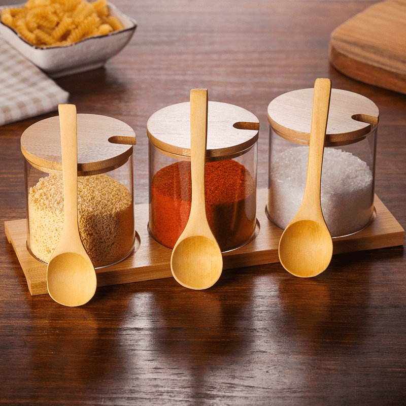 Set of 3 Glass Jars with Spoons & Bamboo Lids - Kitchen Envy