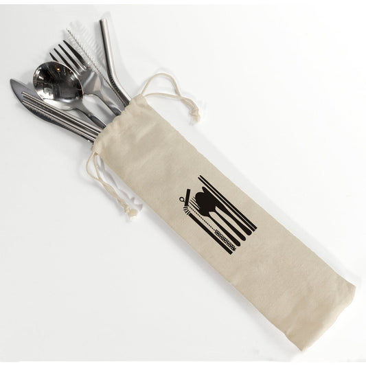 KITCHEN BASICS Cutlery Set 7PC w/Cotton Bag SS Fork Knife Spoon Chopstix Straw - KitchenEnvy