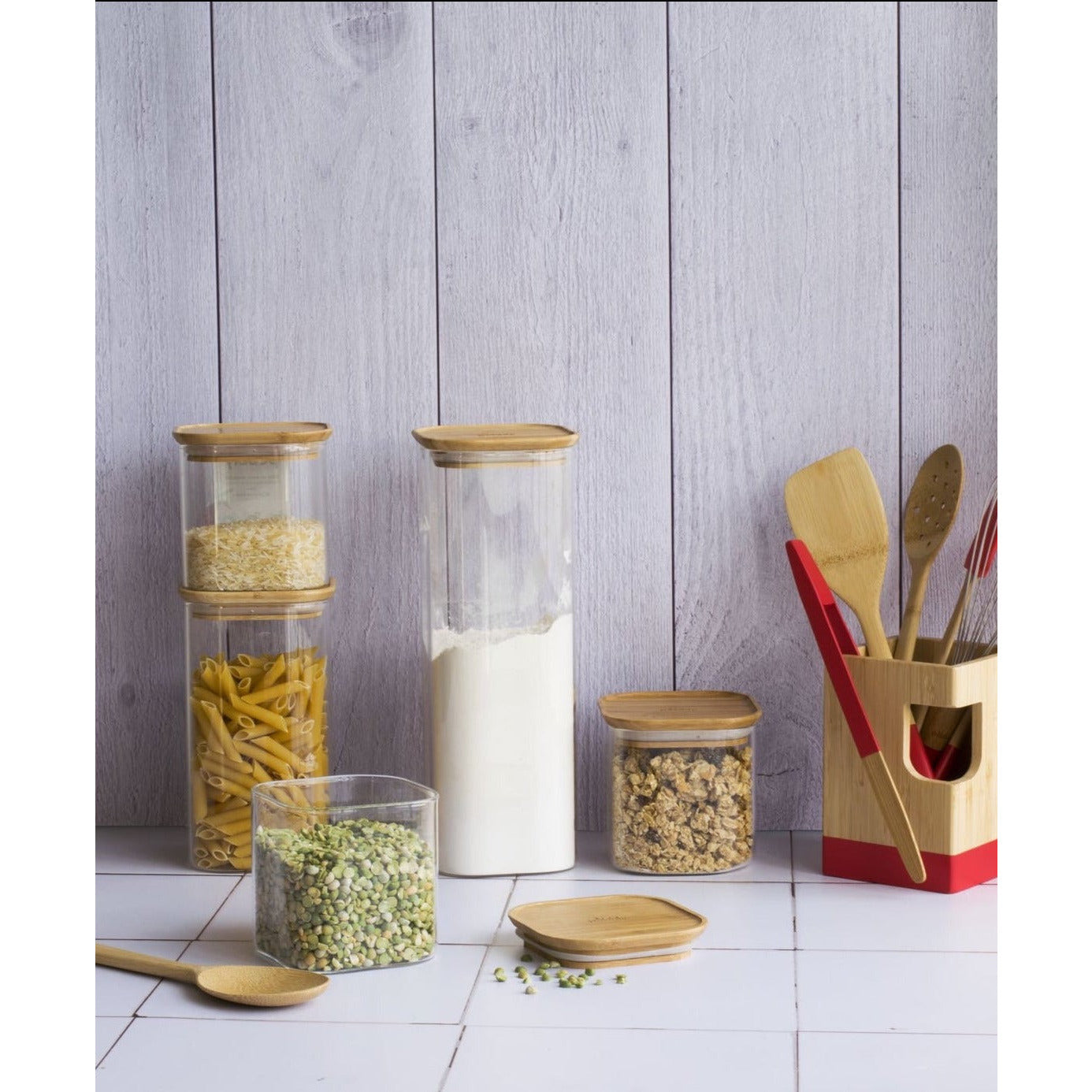 PEBBLY SQUARE Storage Jar Glass w/Bamboo Lid - KitchenEnvy