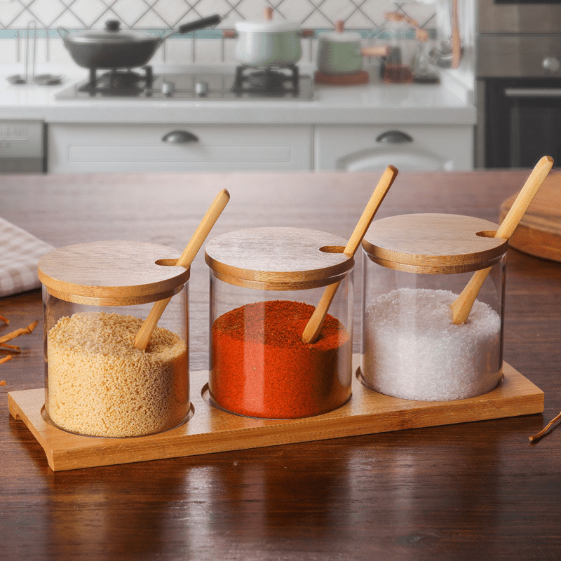 Set of 3 Glass Jars with Spoons & Bamboo Lids - Kitchen Envy