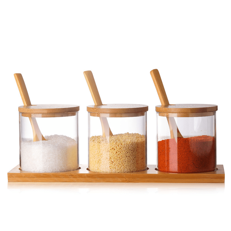 Set of 3 Glass Jars with Spoons & Bamboo Lids - Kitchen Envy