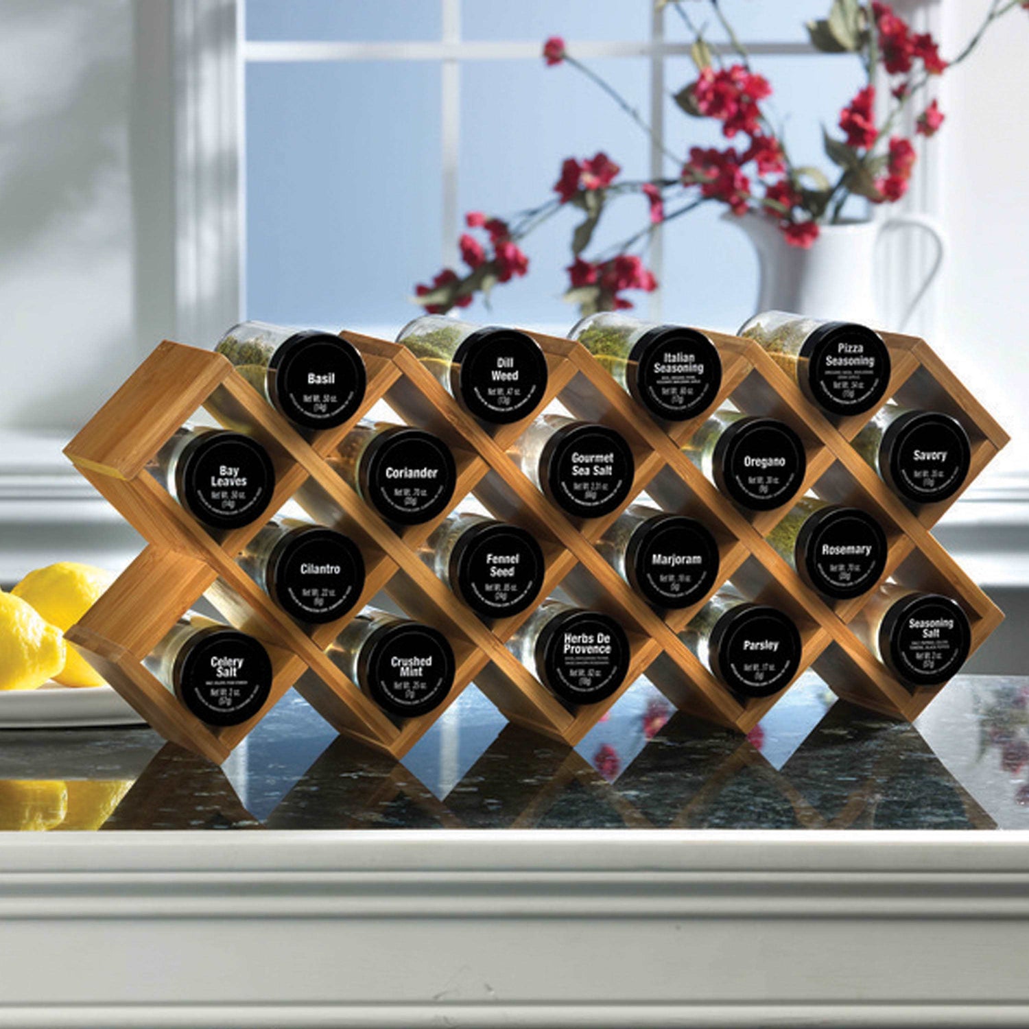 KitchenEnvy Criss Cross Bamboo Spice Rack - 18 Jars - KitchenEnvy