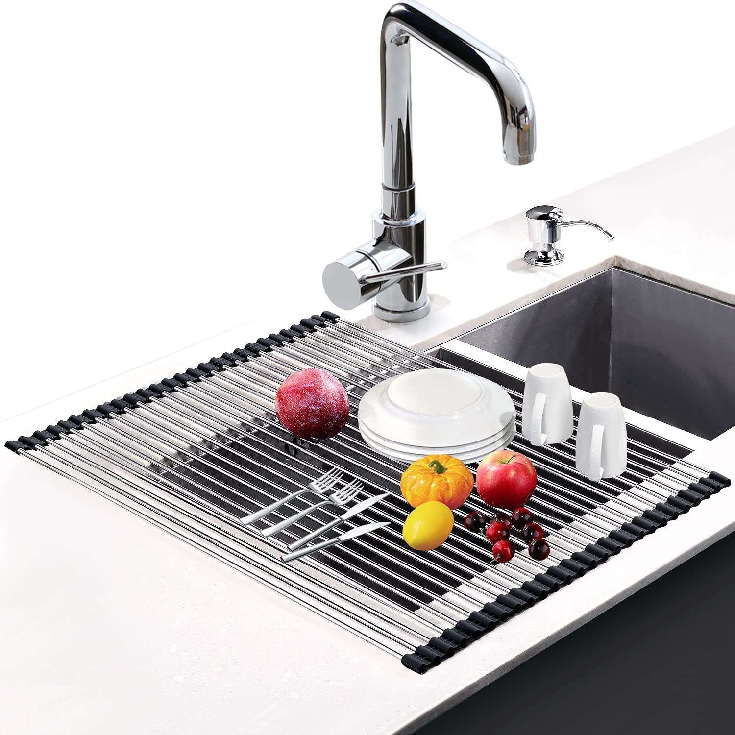 Silicone Roll up Dish Drying Rack Foldable Stainless Steel Over Sink  Kitchen Drainer Rack for Cups Fruits Vegetables - China Rubber and Rubber  Parts price