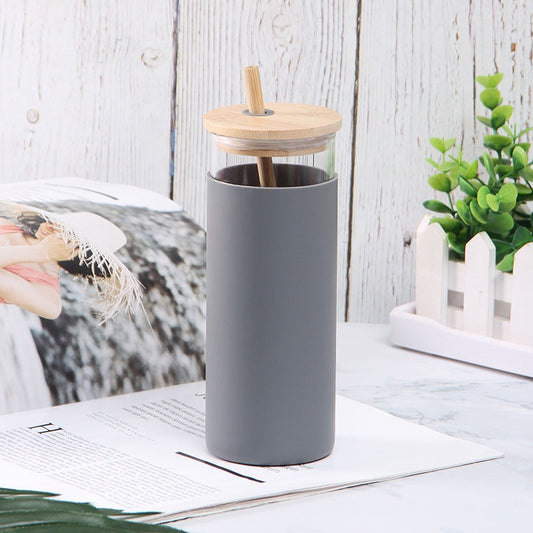 KitchenEnvy Glass Tumbler - Silicone Sleeve - Wooden cover & Bamboo straw - KitchenEnvy