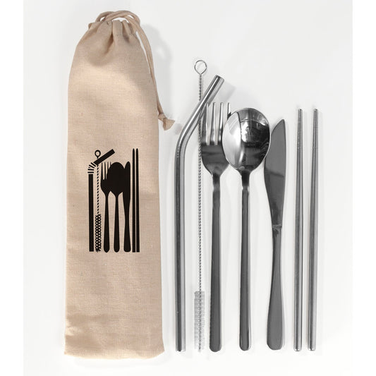 KITCHEN BASICS Cutlery Set 7PC w/Cotton Bag SS Fork Knife Spoon Chopstix Straw - KitchenEnvy